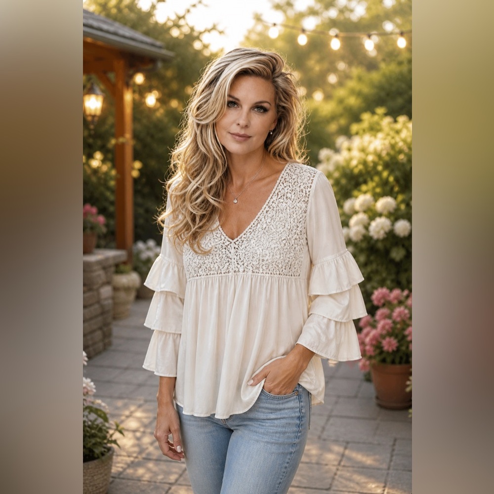 BOSTON PROPER Cream Crochet Yoke V-Neck Tiered Sleeve Blouse